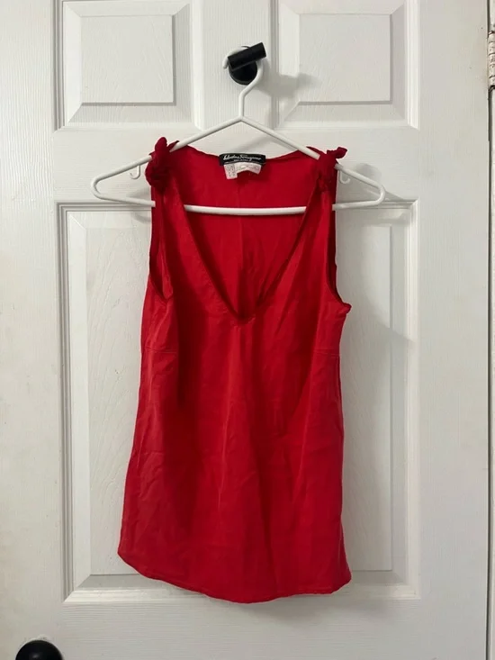 Ferragamo Red Silk Sleeveless V-Neck Tank with Tie Shoulder Detail - Picture 1 of 2